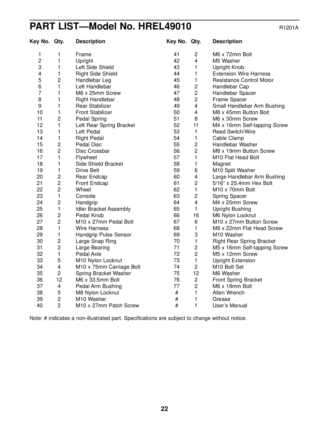 Healthrider manual Part LIST-Model No. HREL49010, Qty Description 