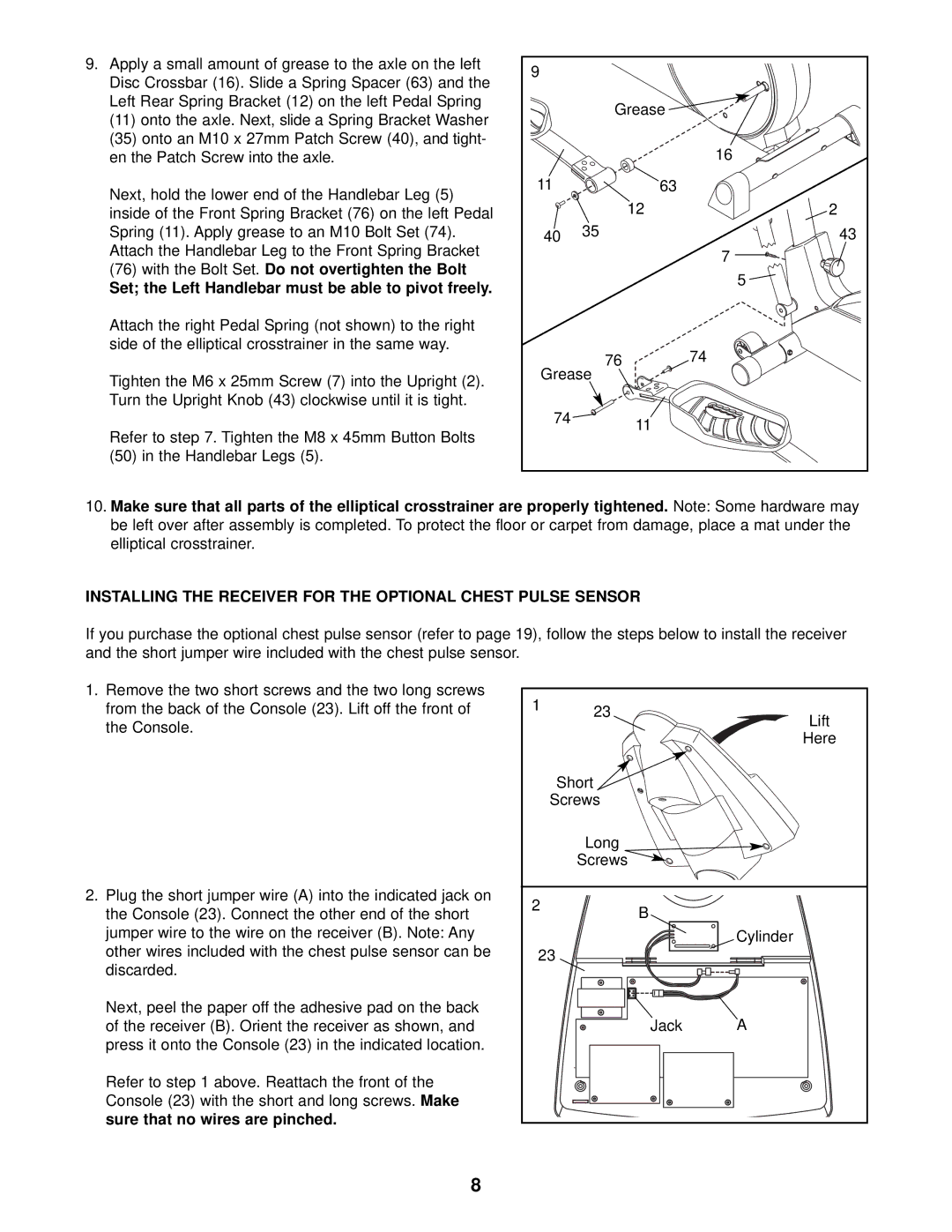 Healthrider HREL49010 manual Installing the Receiver for the Optional Chest Pulse Sensor 