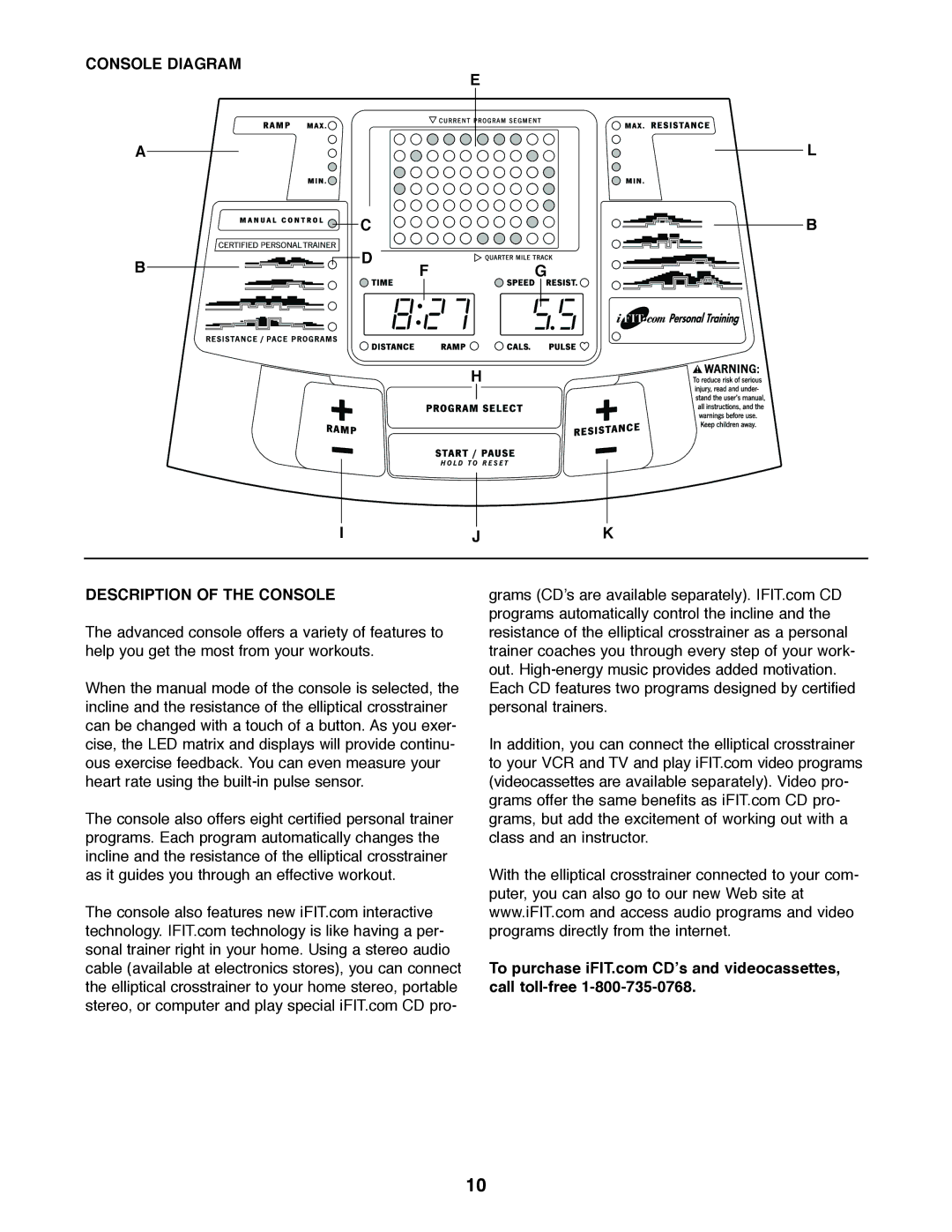 Healthrider HREL50020 manual Console Diagram IJK Description of the Console 