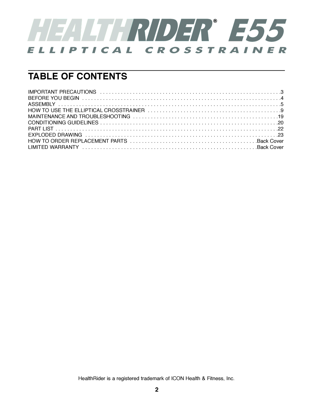 Healthrider HREL50020 manual Table of Contents 