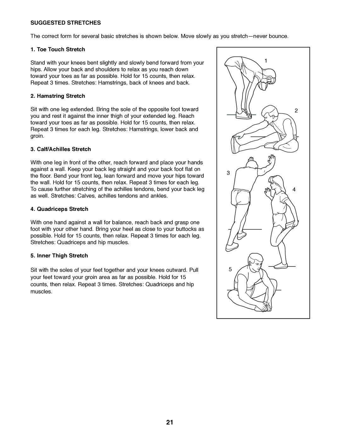 Healthrider HREL50020 manual Suggested Stretches 