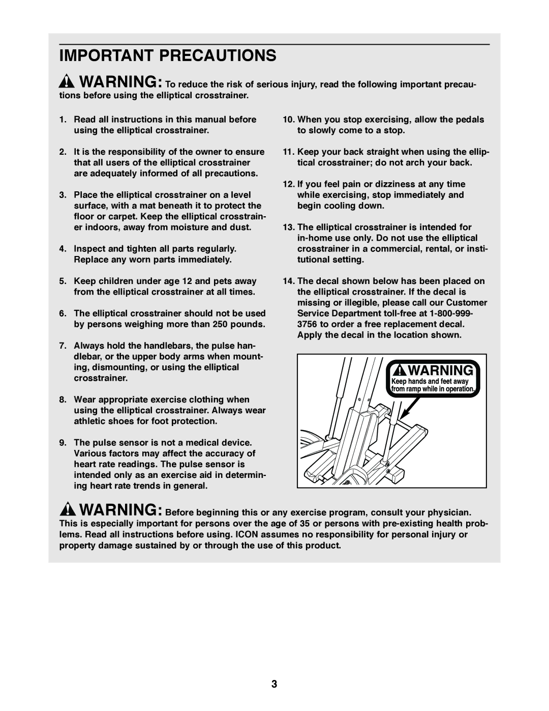 Healthrider HREL50020 manual Important Precautions 