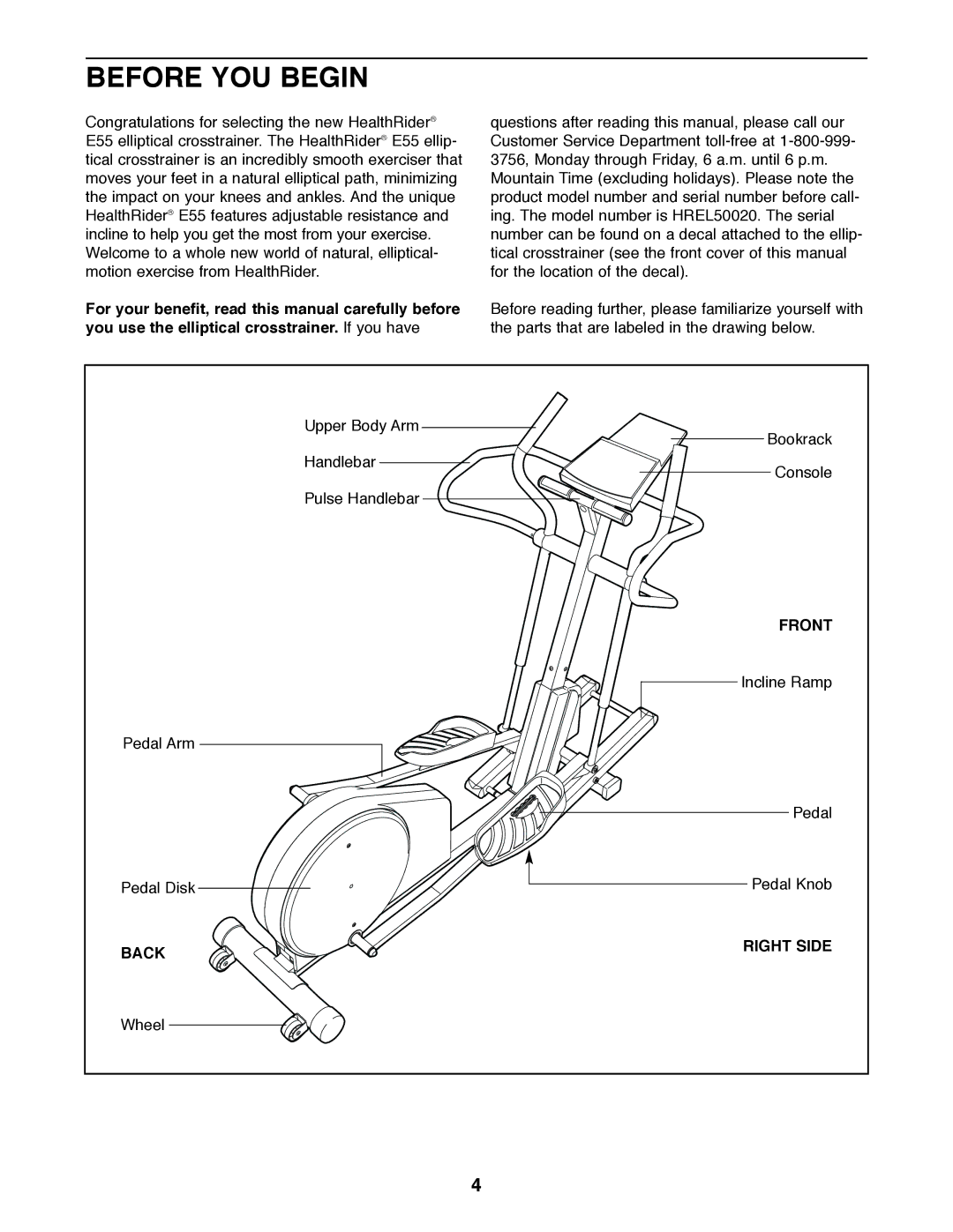 Healthrider HREL50020 manual Before YOU Begin, Front, Back Right Side 