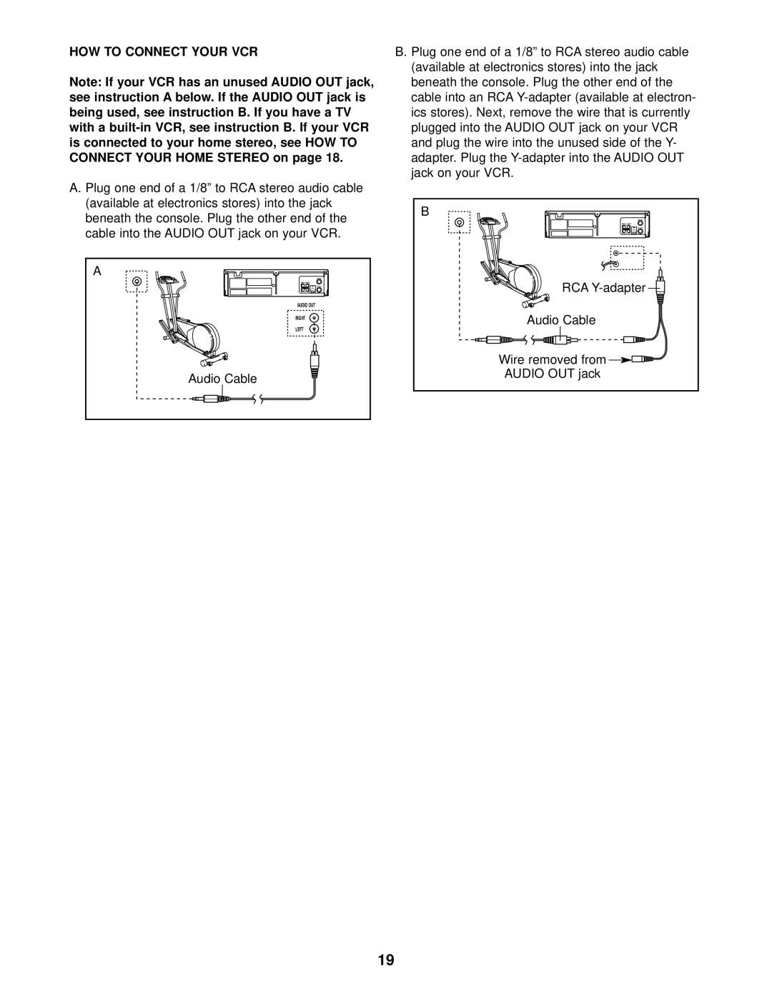 Healthrider HREL59930 manual HOW to Connect Your VCR, Audio Cable Wire removed from Audio OUT jack 