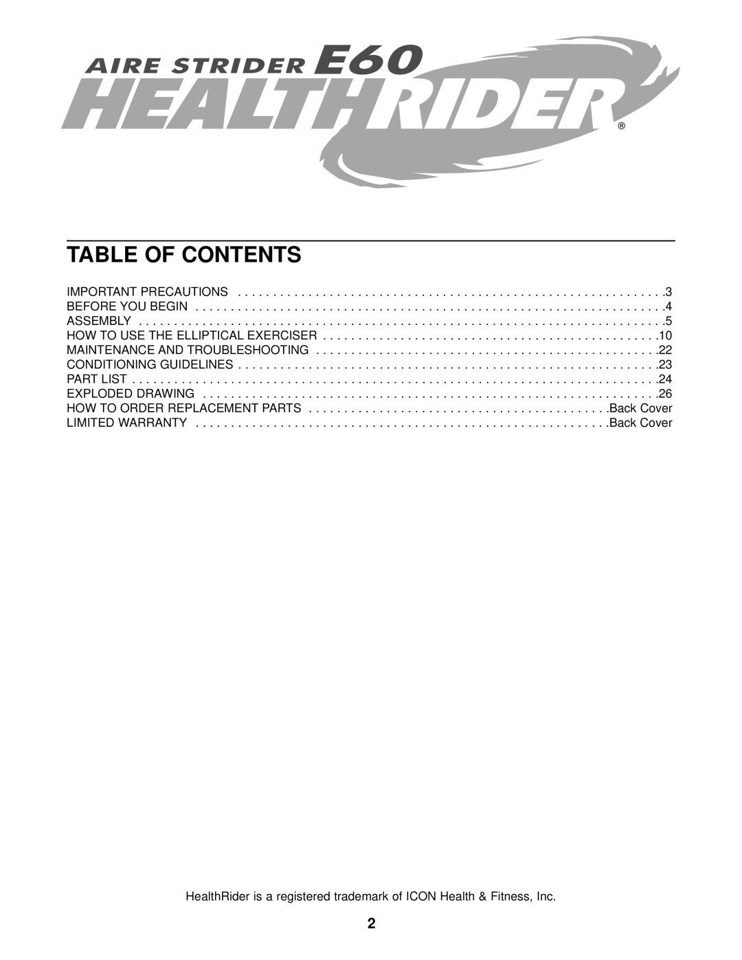 Healthrider HREL59930 manual Table of Contents 