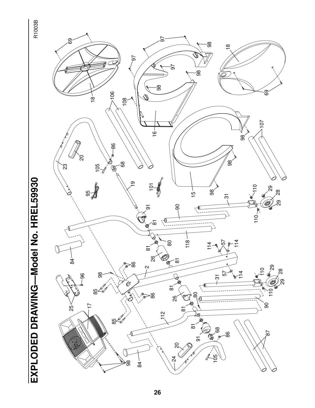 Healthrider HREL59930 manual 112 118 114 105 110, R1003B 86106 68108 101 110 107 