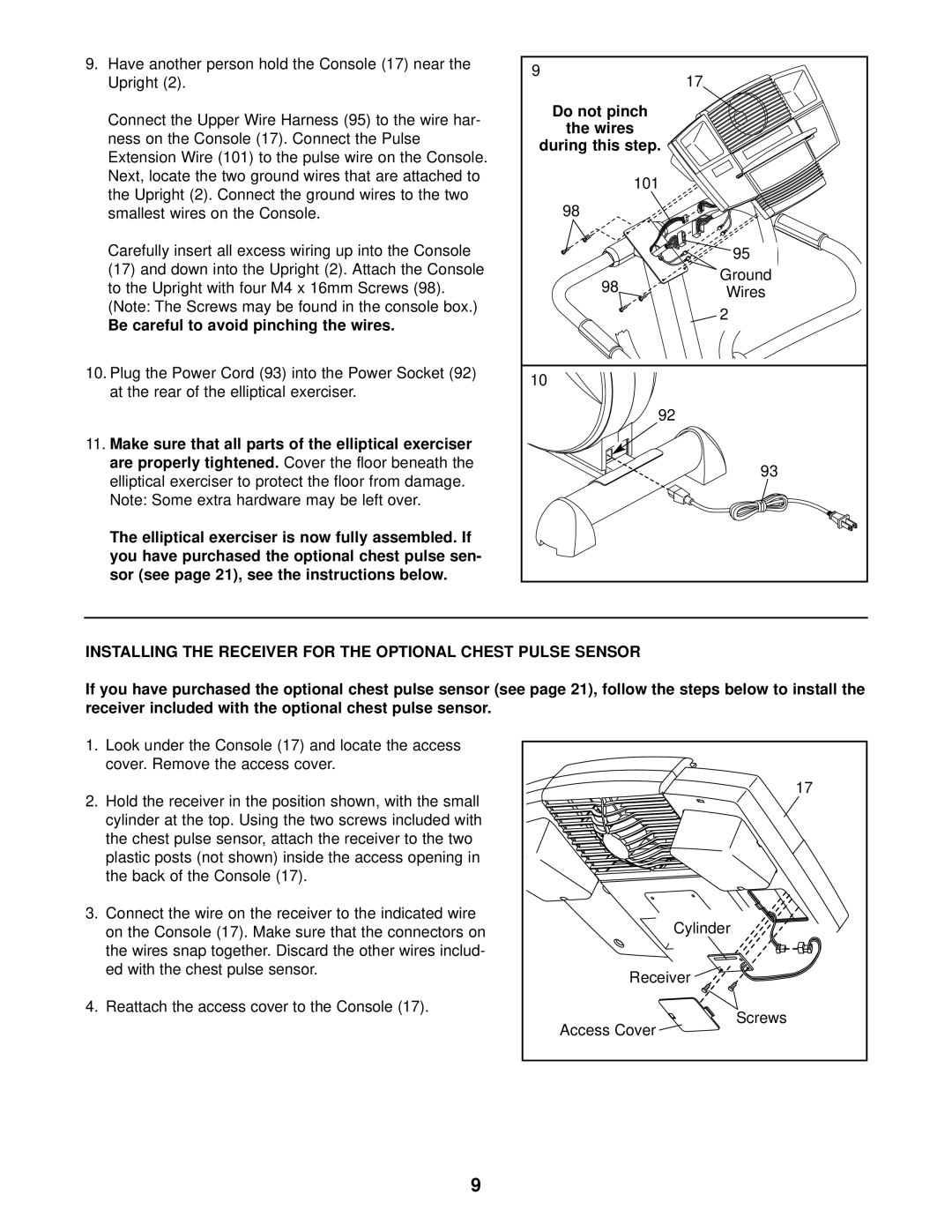 Healthrider HREL59930 manual Be careful to avoid pinching the wires, Make sure that all parts of the elliptical exerciser 