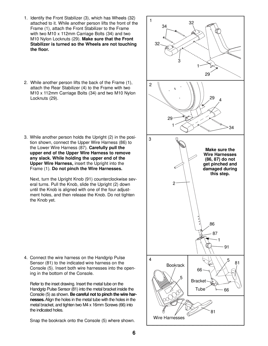 Healthrider HREL69010 manual Make sure Wire Harnesses 86, 87 do not, This step 