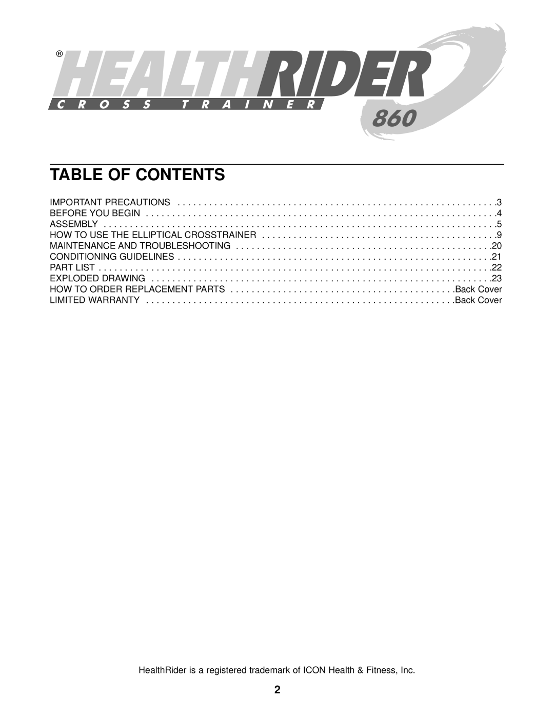 Healthrider HREL69011 manual Table of Contents 