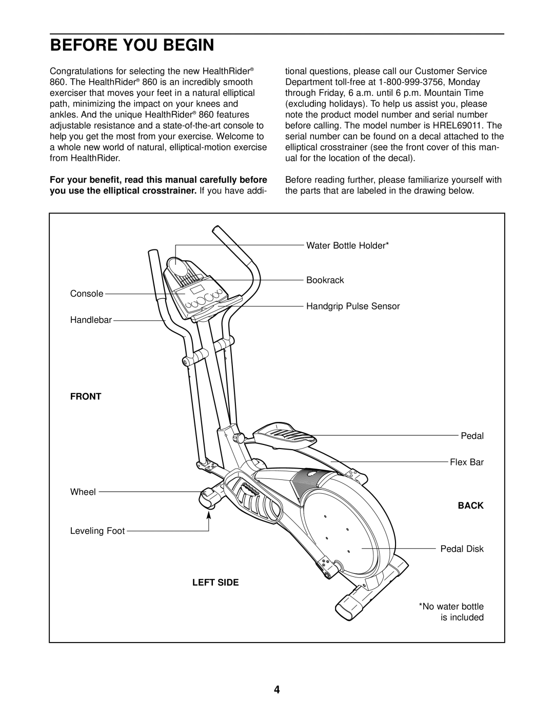 Healthrider HREL69011 manual Front, Left Side 