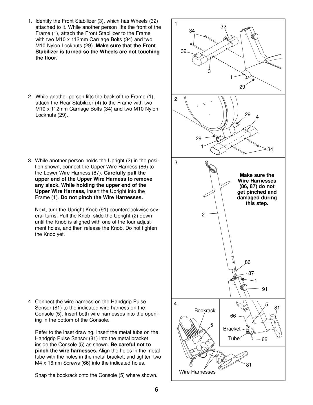 Healthrider HREL69011 manual Lower Wire Harness, Do not pinch the Wire Harnesses, Pinch the wire harnesses, This step 