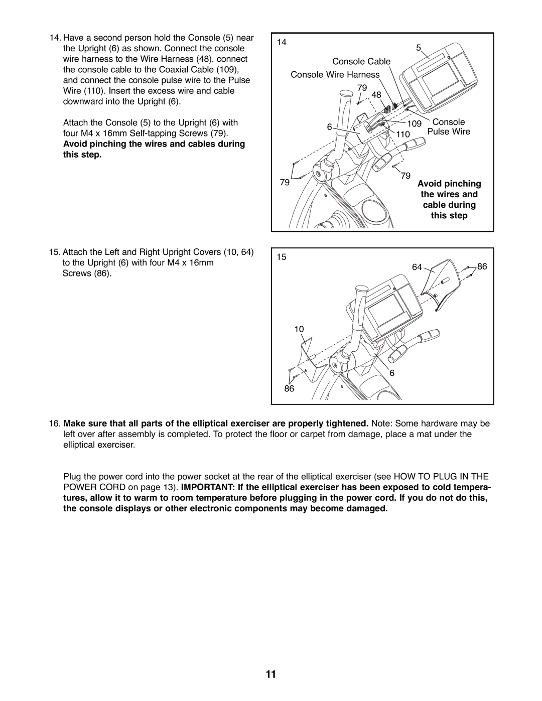 Healthrider HREL8806.1 manual Avoid pinching the wires and cables during this step, Wires, This step 