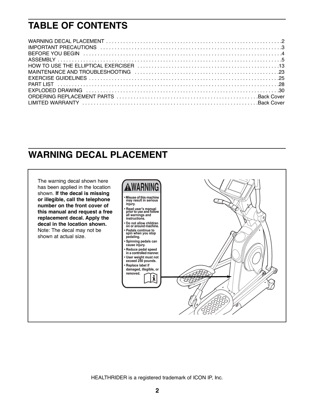 Healthrider HREL8806.1 manual Table of Contents 