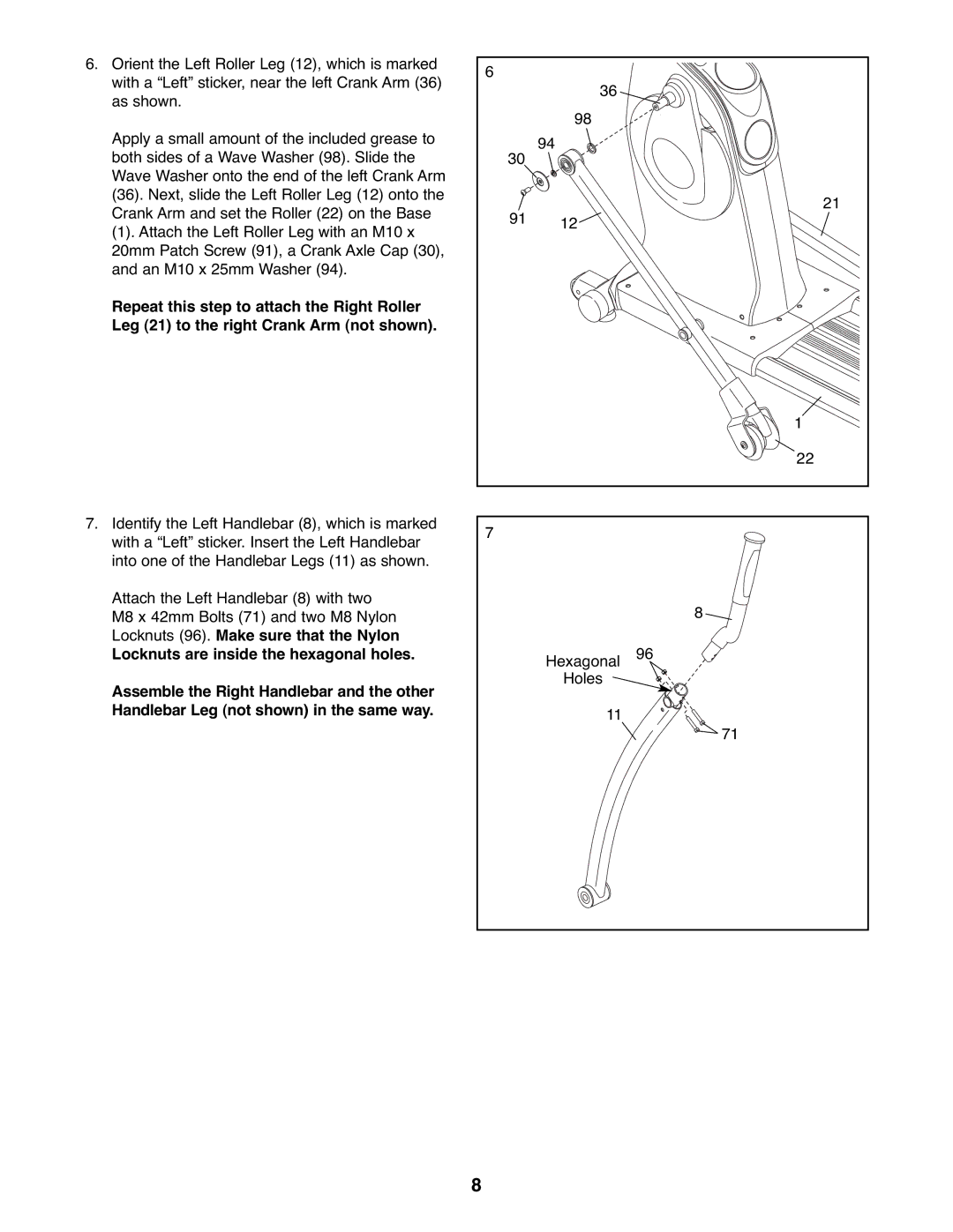 Healthrider HREL8806.1 manual Locknuts are inside the hexagonal holes, Hexagonal Holes 