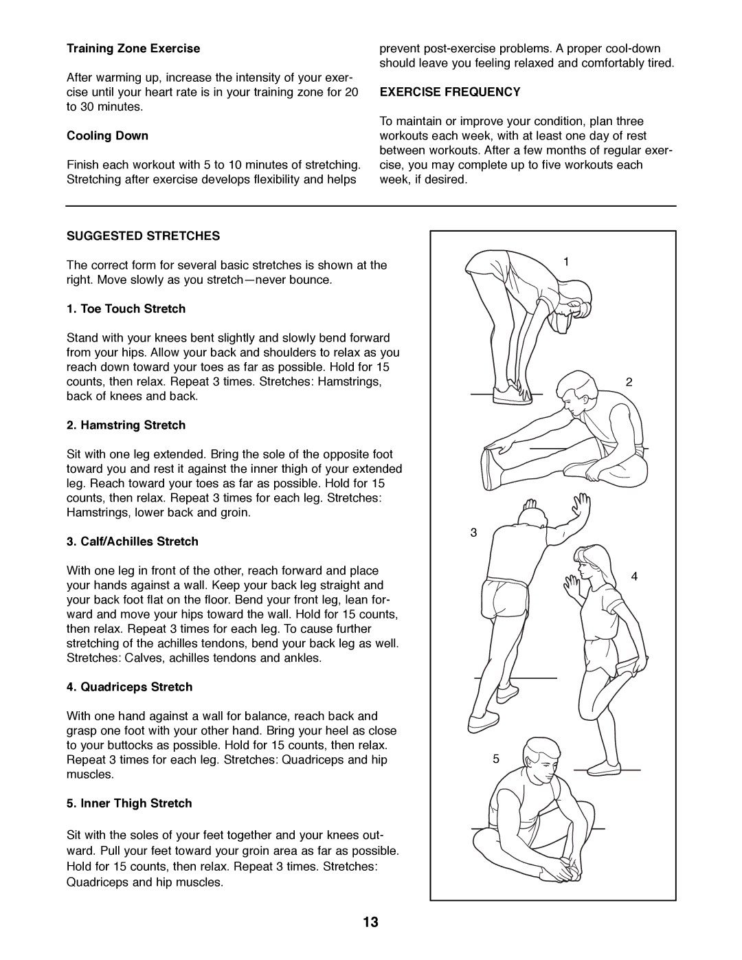 Healthrider HREL89070 manual Exercise Frequency, Suggested Stretches 