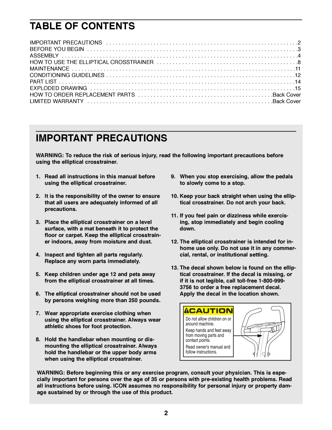 Healthrider HREL89070 manual Table of Contents, Important Precautions 