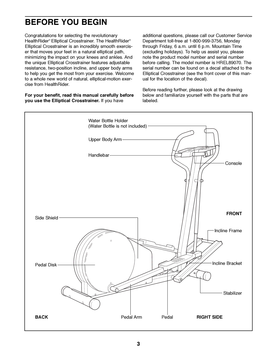 Healthrider HREL89070 manual Before YOU Begin, Front, Back, Pedal Arm, Right Side 