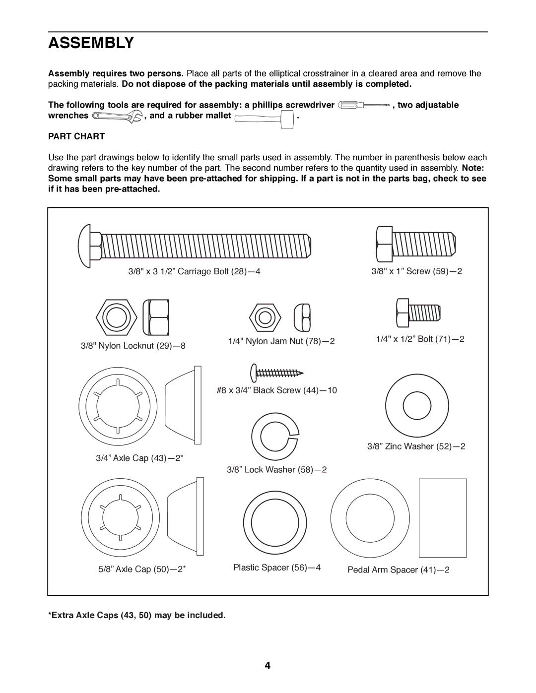 Healthrider HREL89070 manual Assembly, Part Chart, Extra Axle Caps 43, 50 may be included 