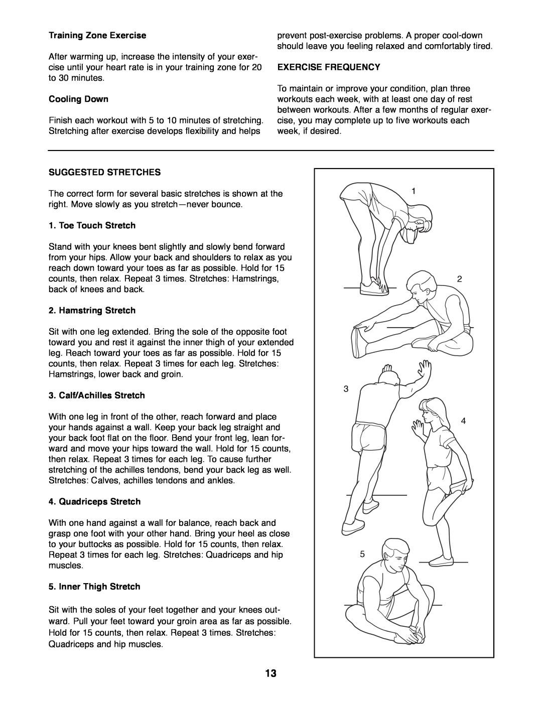 Healthrider HREL89070 Training Zone Exercise, Cooling Down, Exercise Frequency, Suggested Stretches, Toe Touch Stretch 