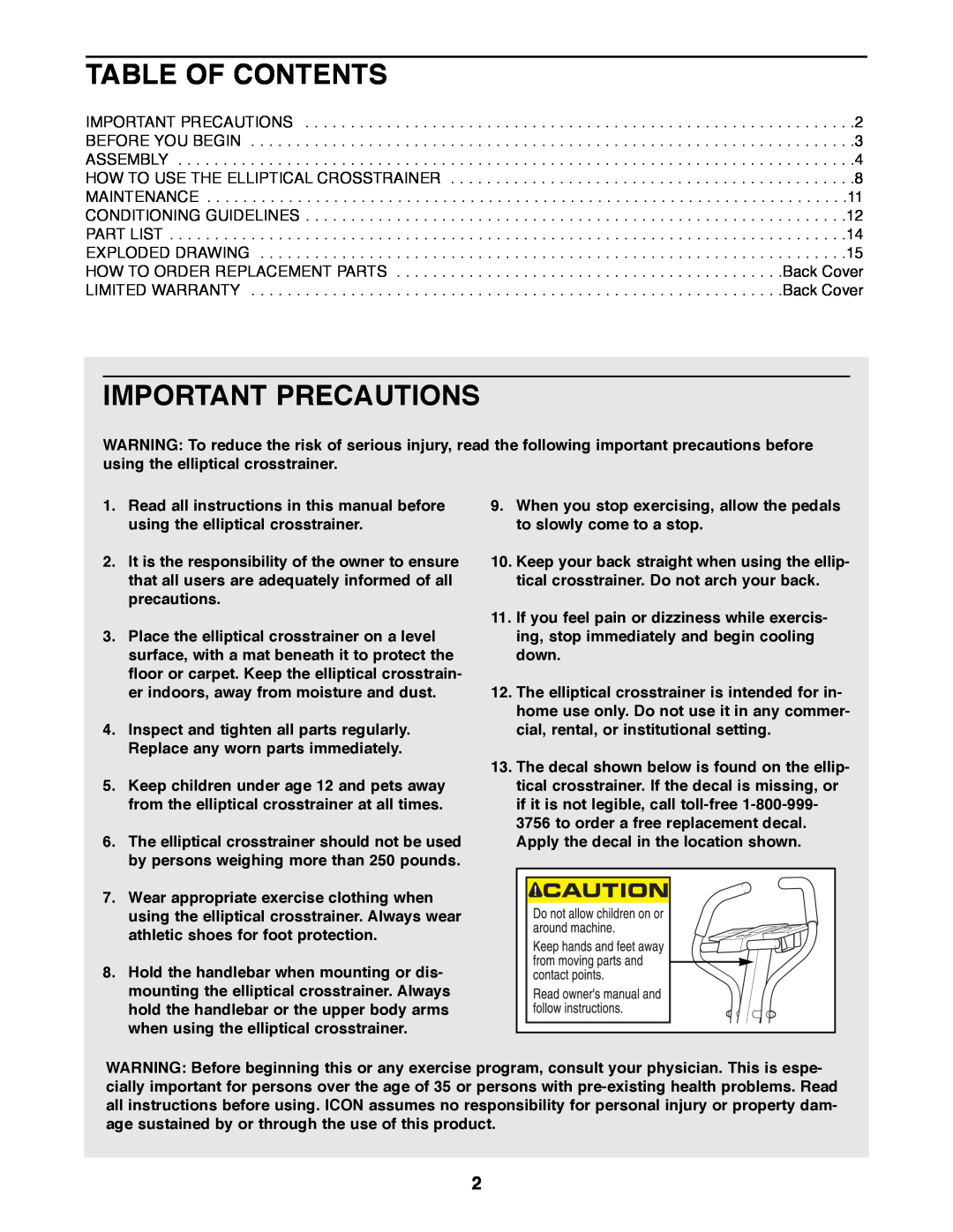 Healthrider HREL89070 manual Table Of Contents, Important Precautions 