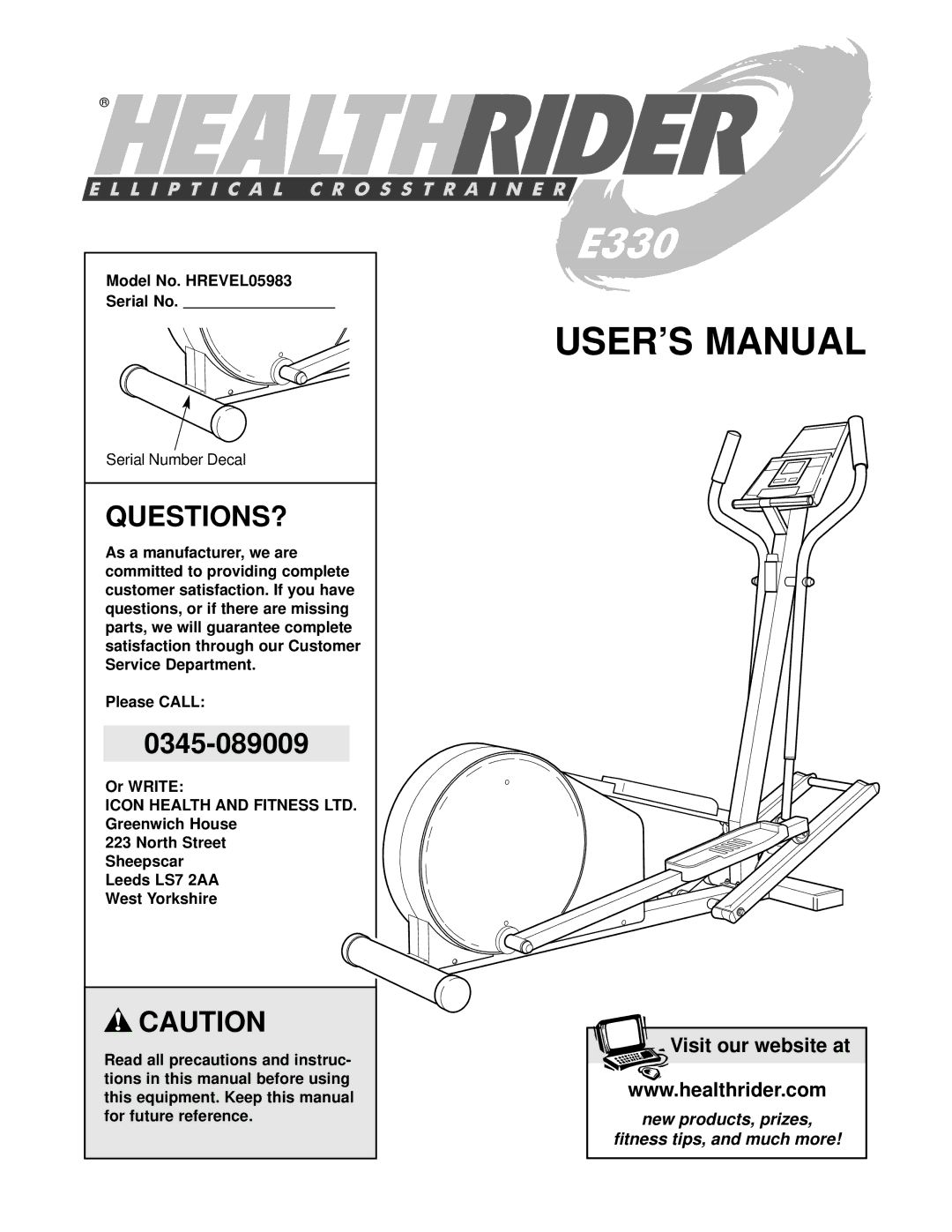 Healthrider manual Questions?, Model No. HREVEL05983 Serial No, Serial Number Decal, Please Call 