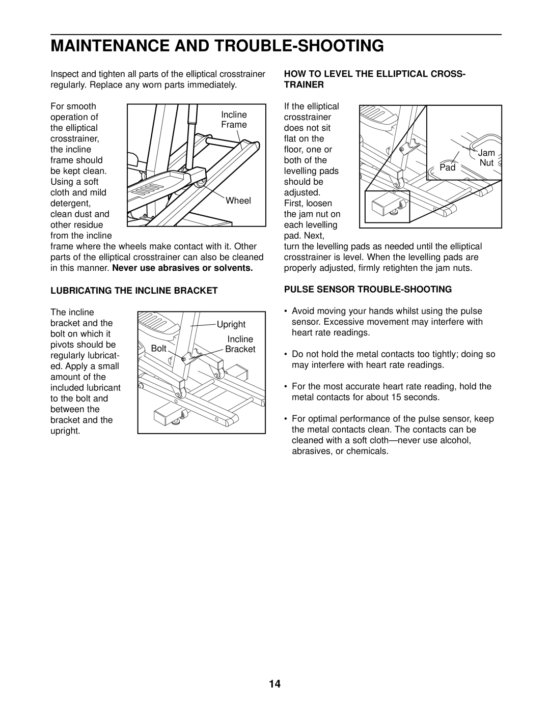 Healthrider HREVEL05983 manual Pulse Sensor TROUBLE-SHOOTING 