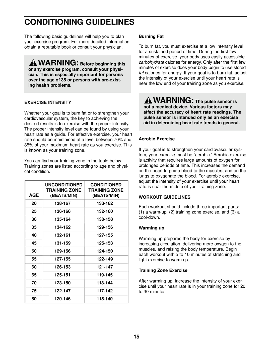 Healthrider HREVEL05983 manual Conditioning Guidelines, Exercise Intensity, Unconditioned Conditioned Training Zone 