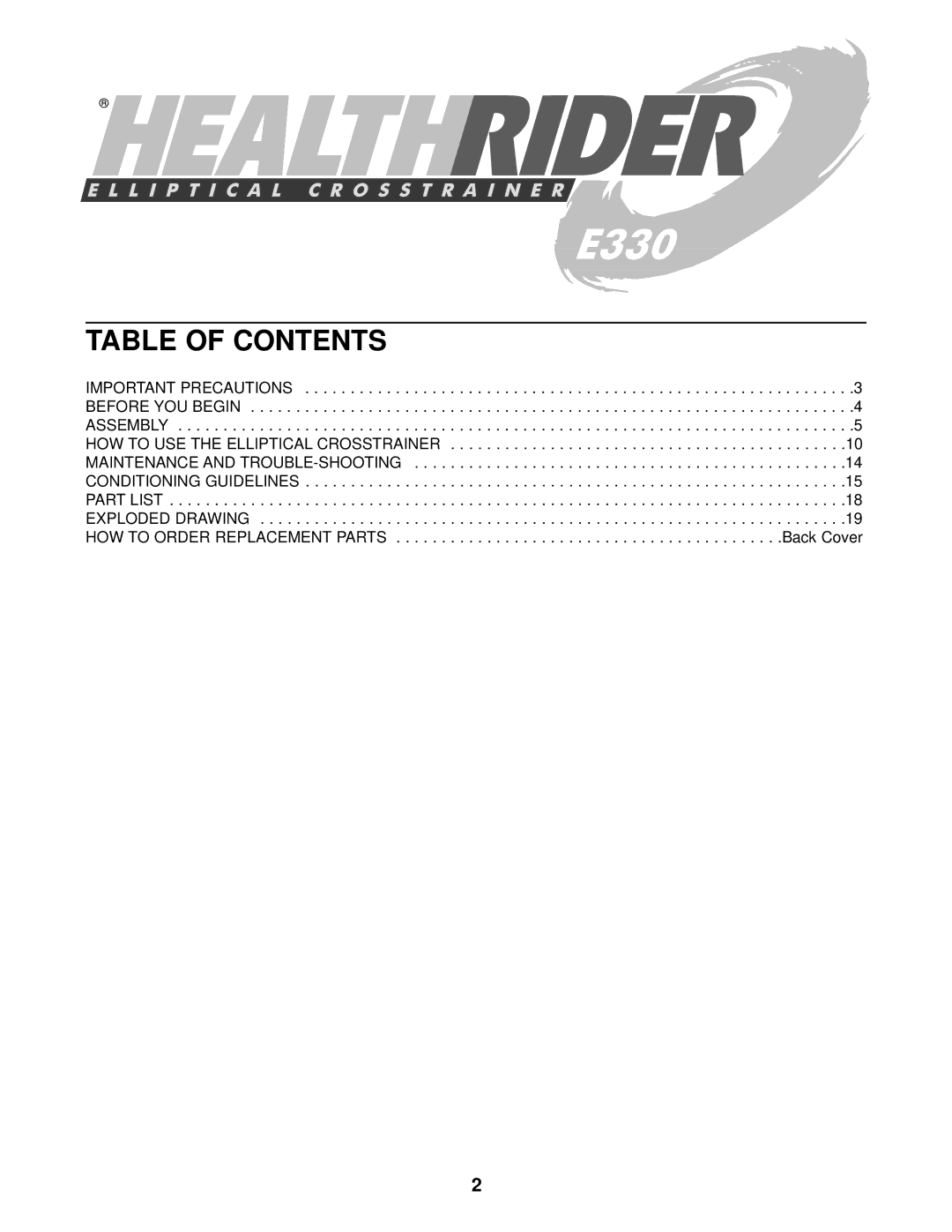 Healthrider HREVEL05983 manual Table of Contents 