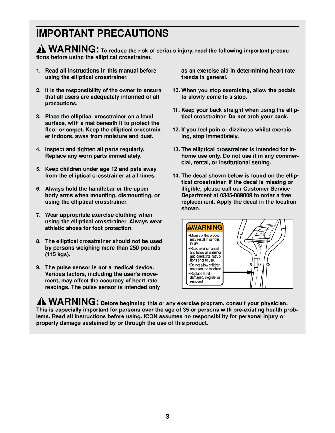 Healthrider HREVEL05983 manual Important Precautions, Always hold the handlebar or the upper 