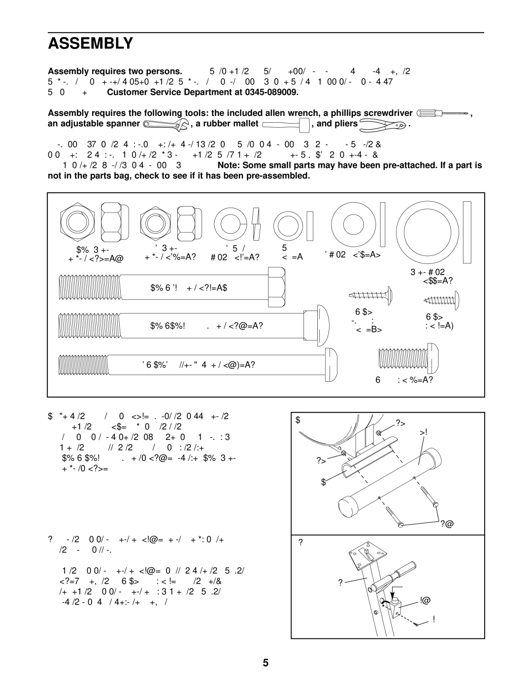 Healthrider HREVEL05983 manual Assembly, Two persons, Please call our Customer Service Department at, Rubber mallet Pliers 