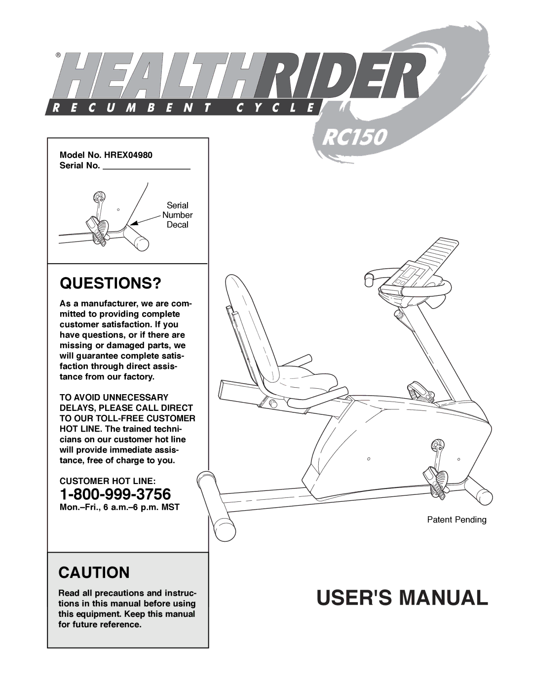 Healthrider HREX04980 manual Questions?, Customer HOT Line 