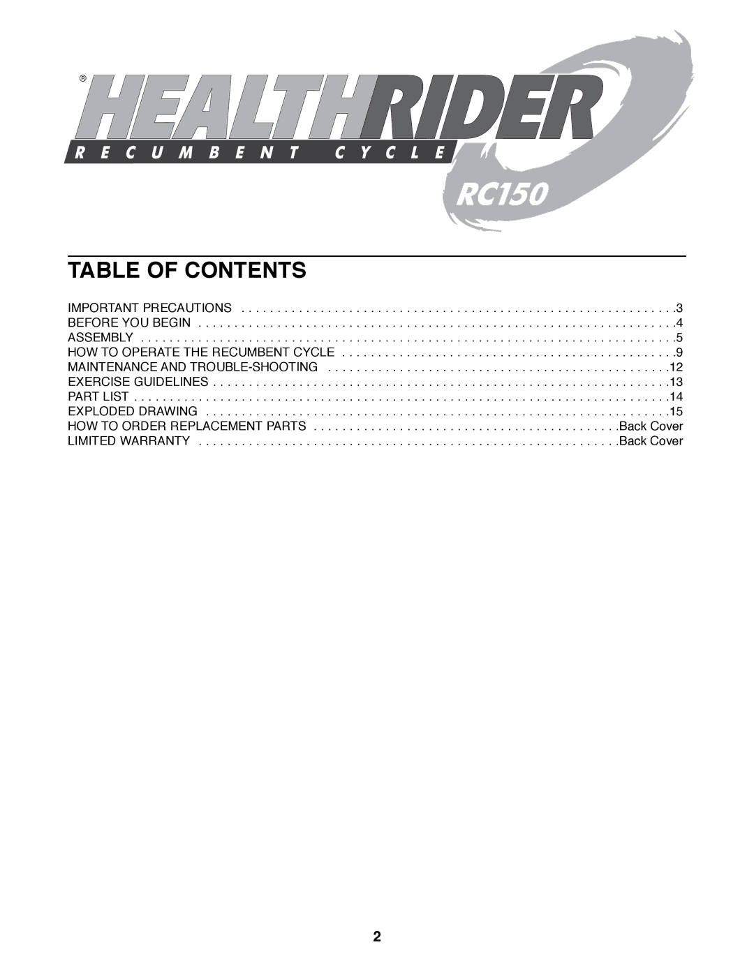 Healthrider HREX04980 manual Table of Contents 