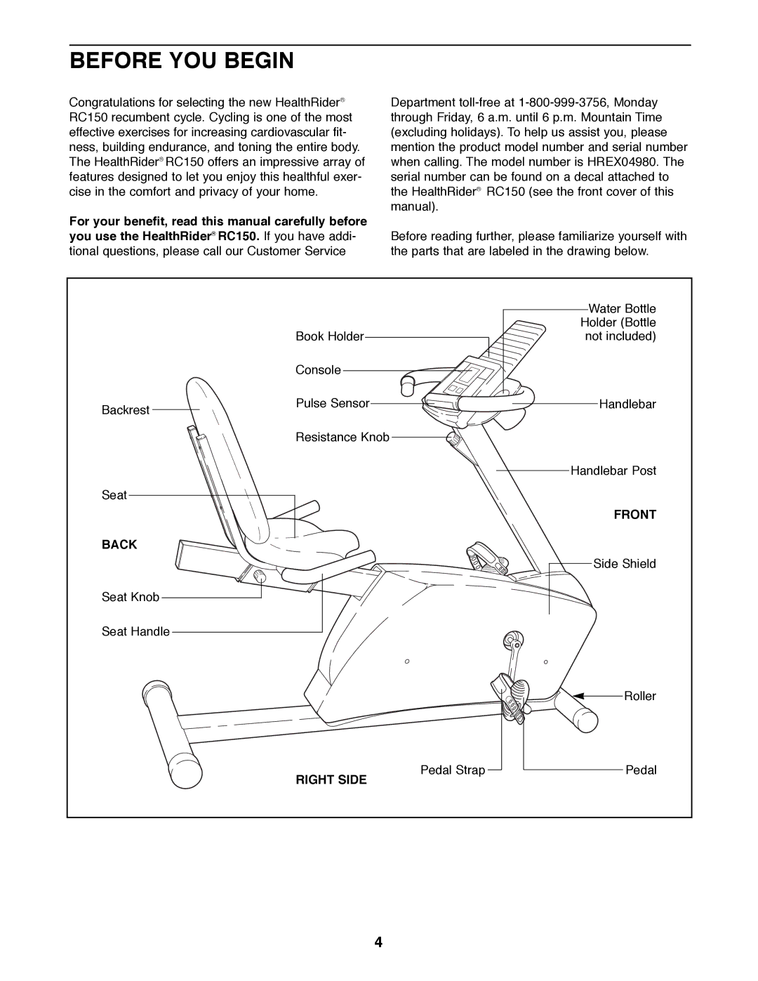 Healthrider HREX04980 manual Before YOU Begin, Front, Back, Right Side 