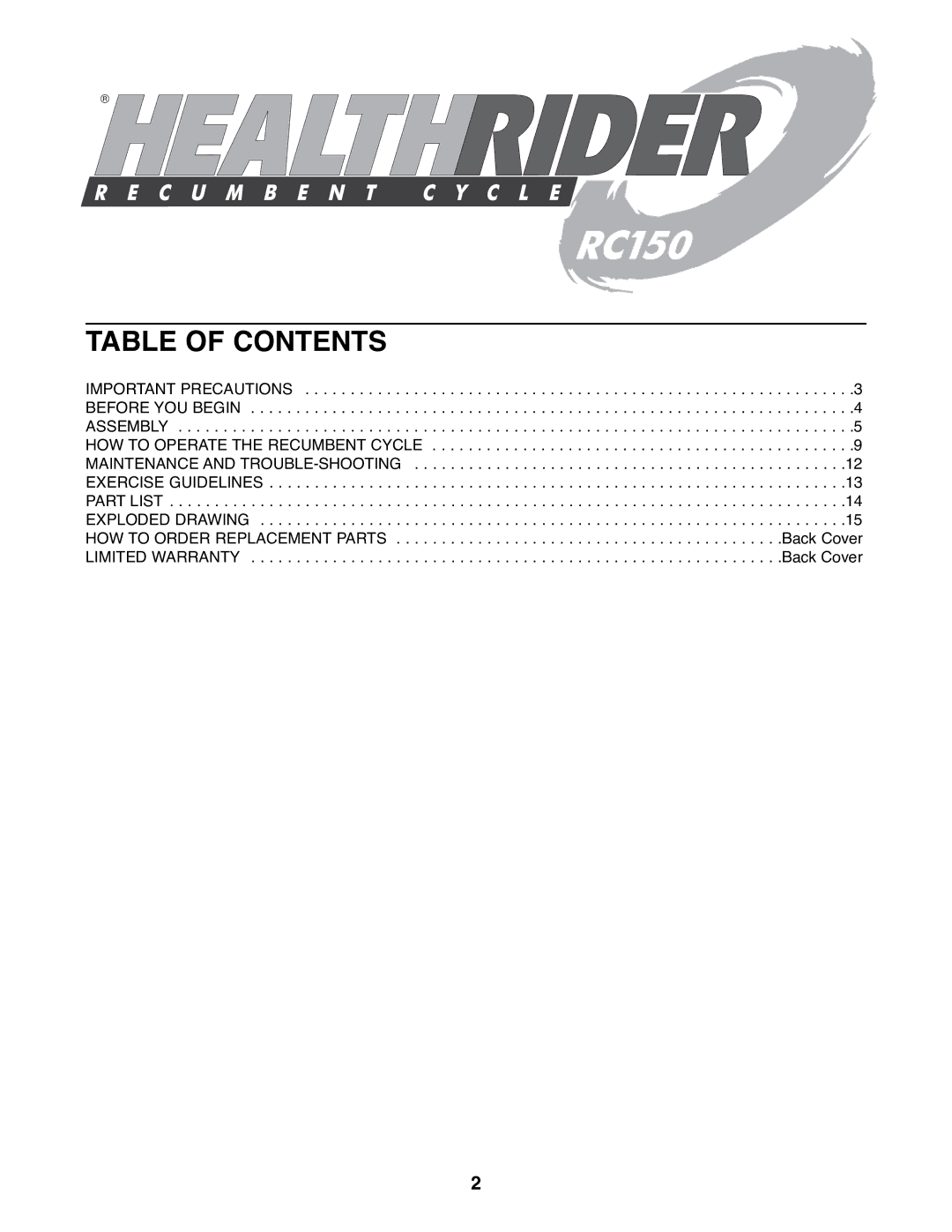 Healthrider HREX04981 manual Table of Contents 