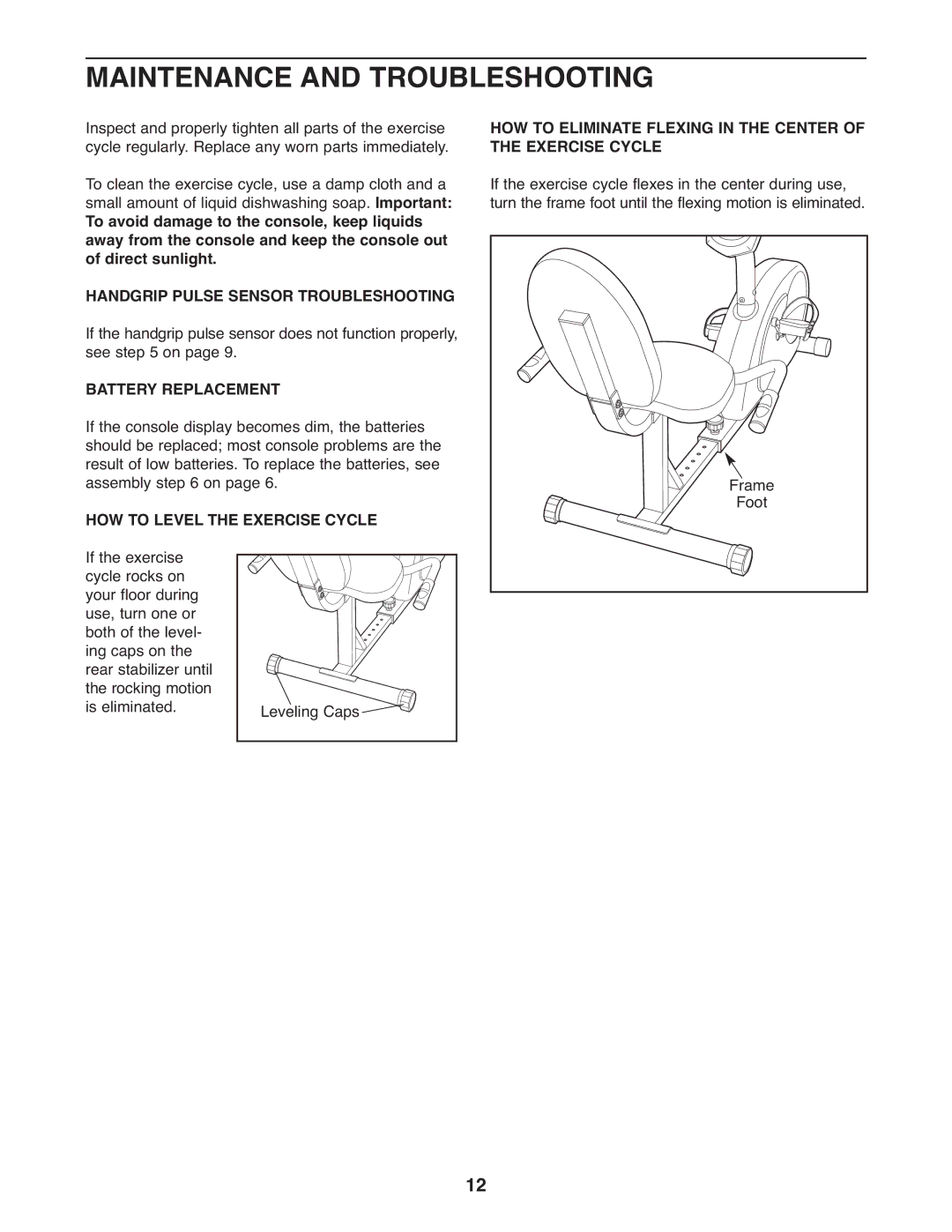 Healthrider HREX1395.0 manual Maintenance and Troubleshooting, Handgrip Pulse Sensor Troubleshooting, Battery Replacement 