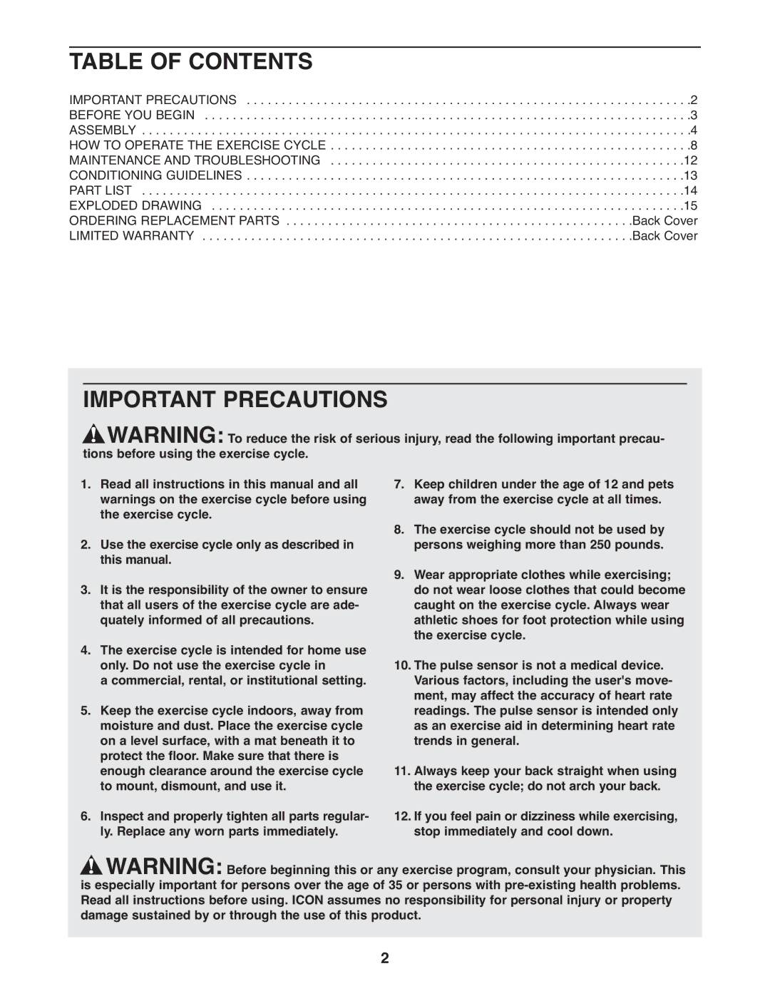 Healthrider HREX1395.0 manual Table of Contents, Important Precautions 