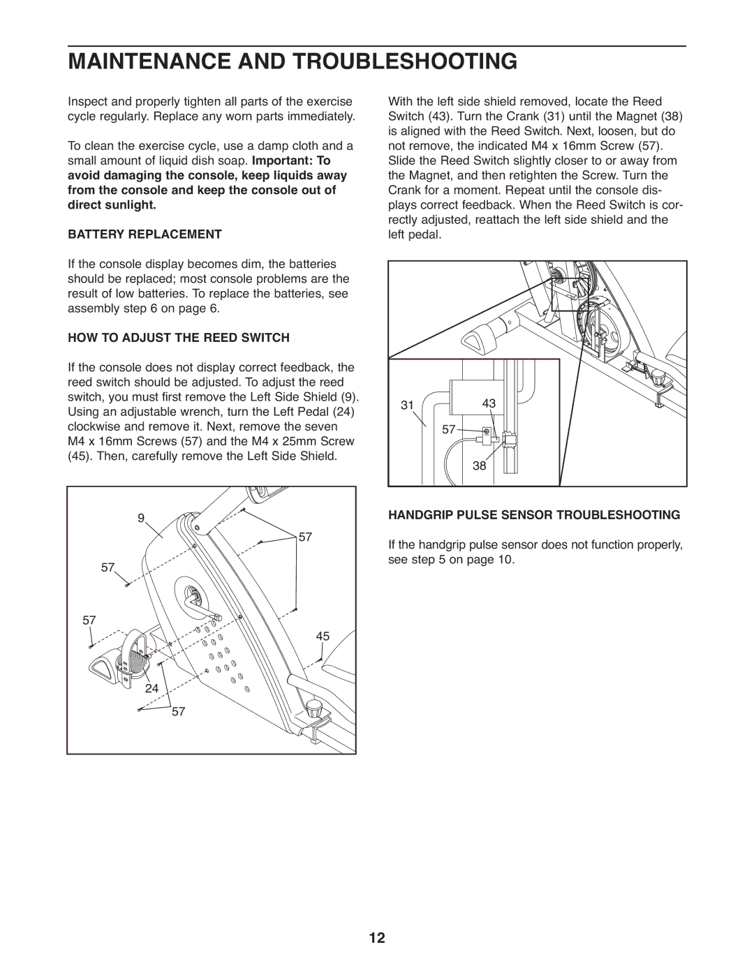 Healthrider HREX2076.0 manual Maintenance and Troubleshooting, Battery Replacement, HOW to Adjust the Reed Switch 