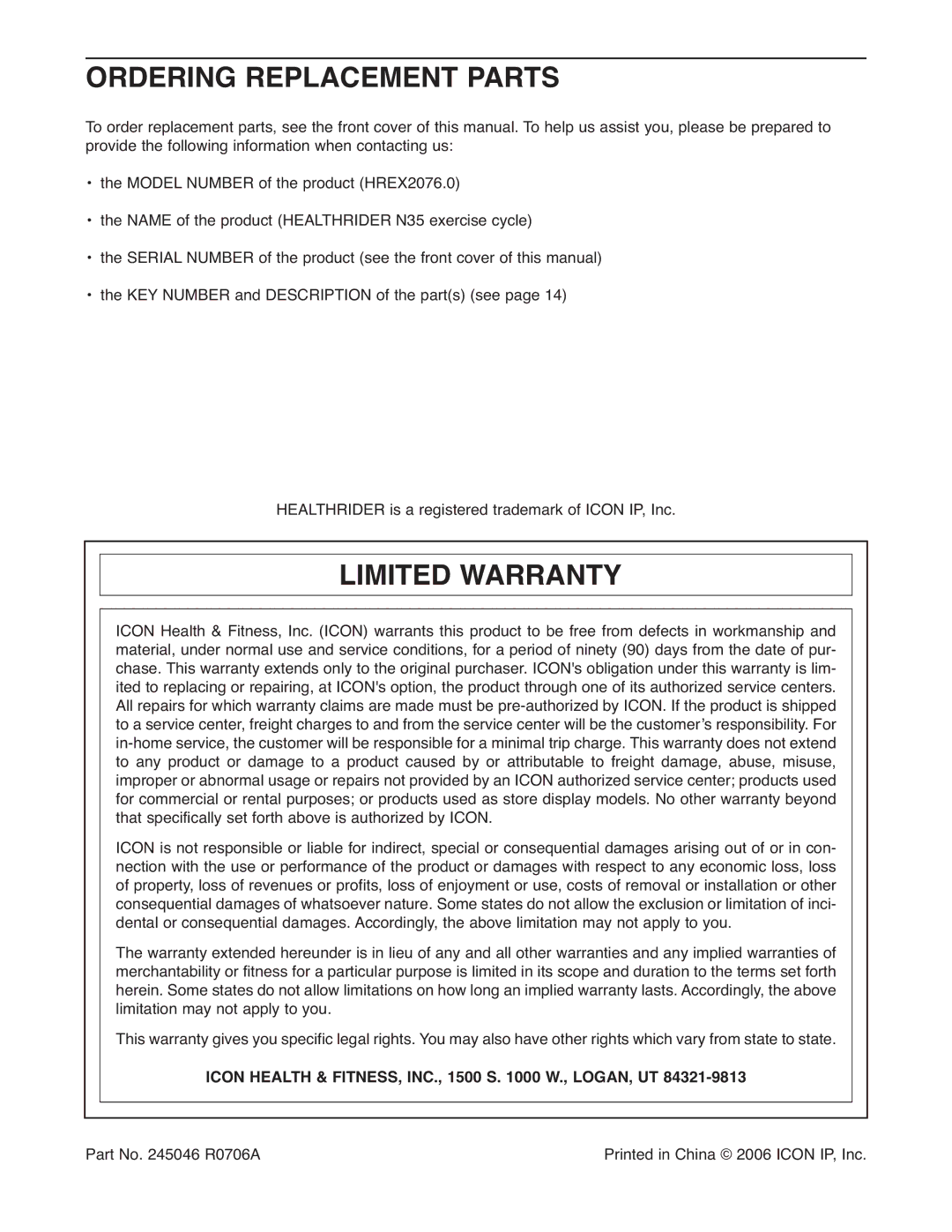 Healthrider HREX2076.0 Ordering Replacement Parts, Limited Warranty, Icon Health & FITNESS, INC., 1500 S W., LOGAN, UT 