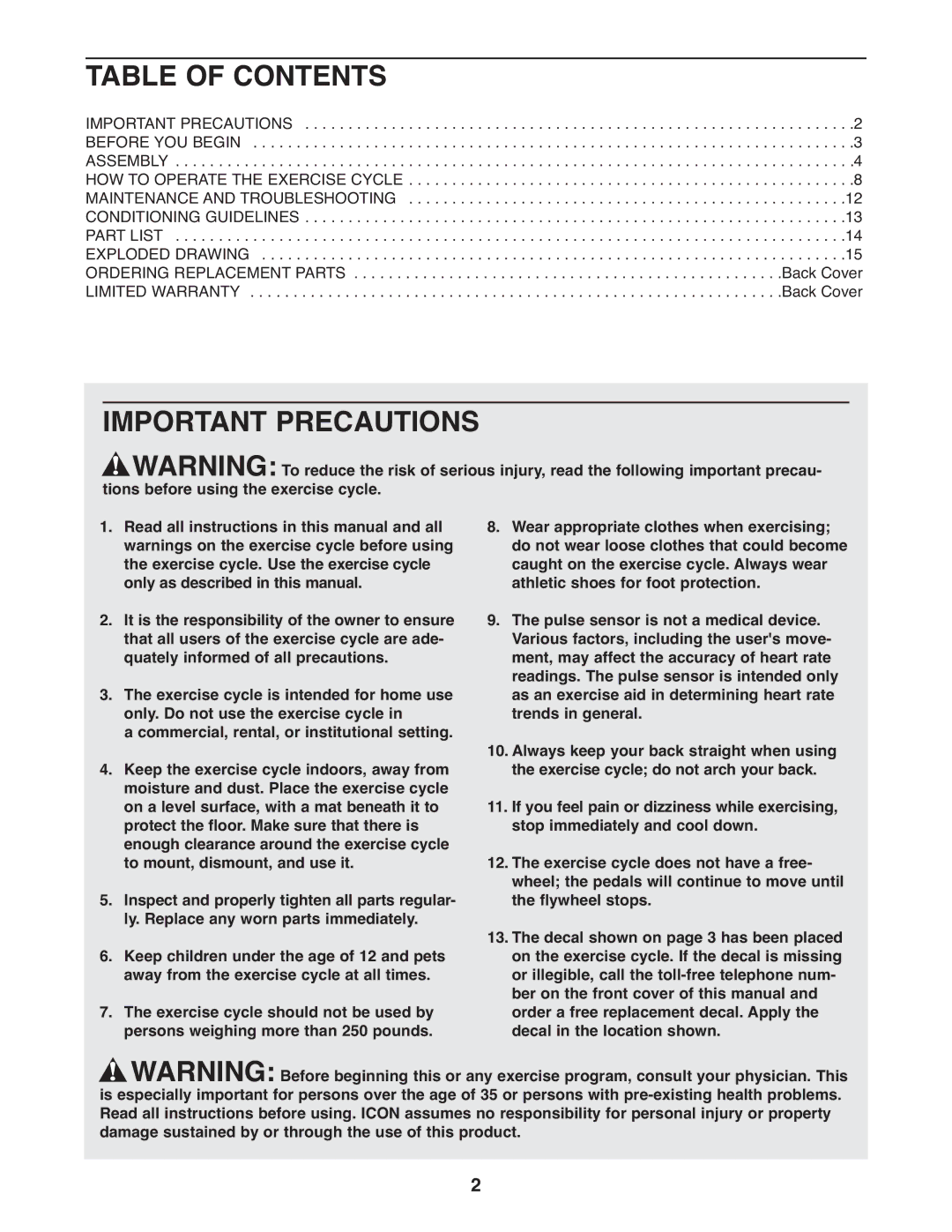 Healthrider HREX2076.0 manual Table of Contents, Important Precautions 