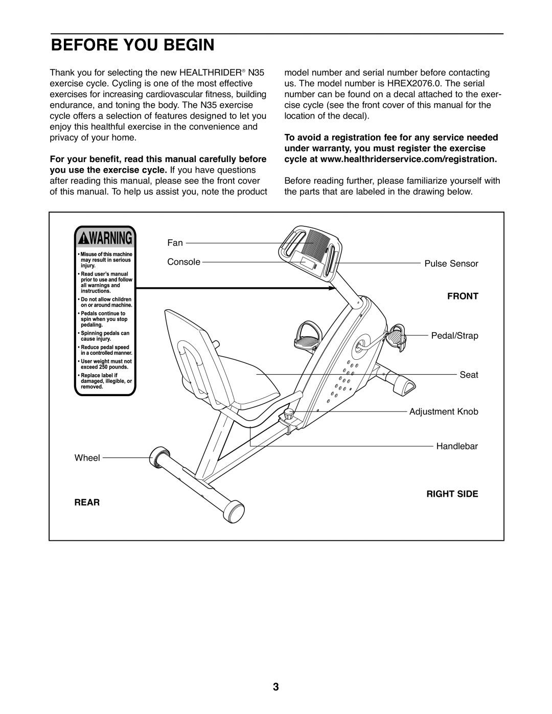 Healthrider HREX2076.0 manual Before YOU Begin, Front, Rear Right Side 