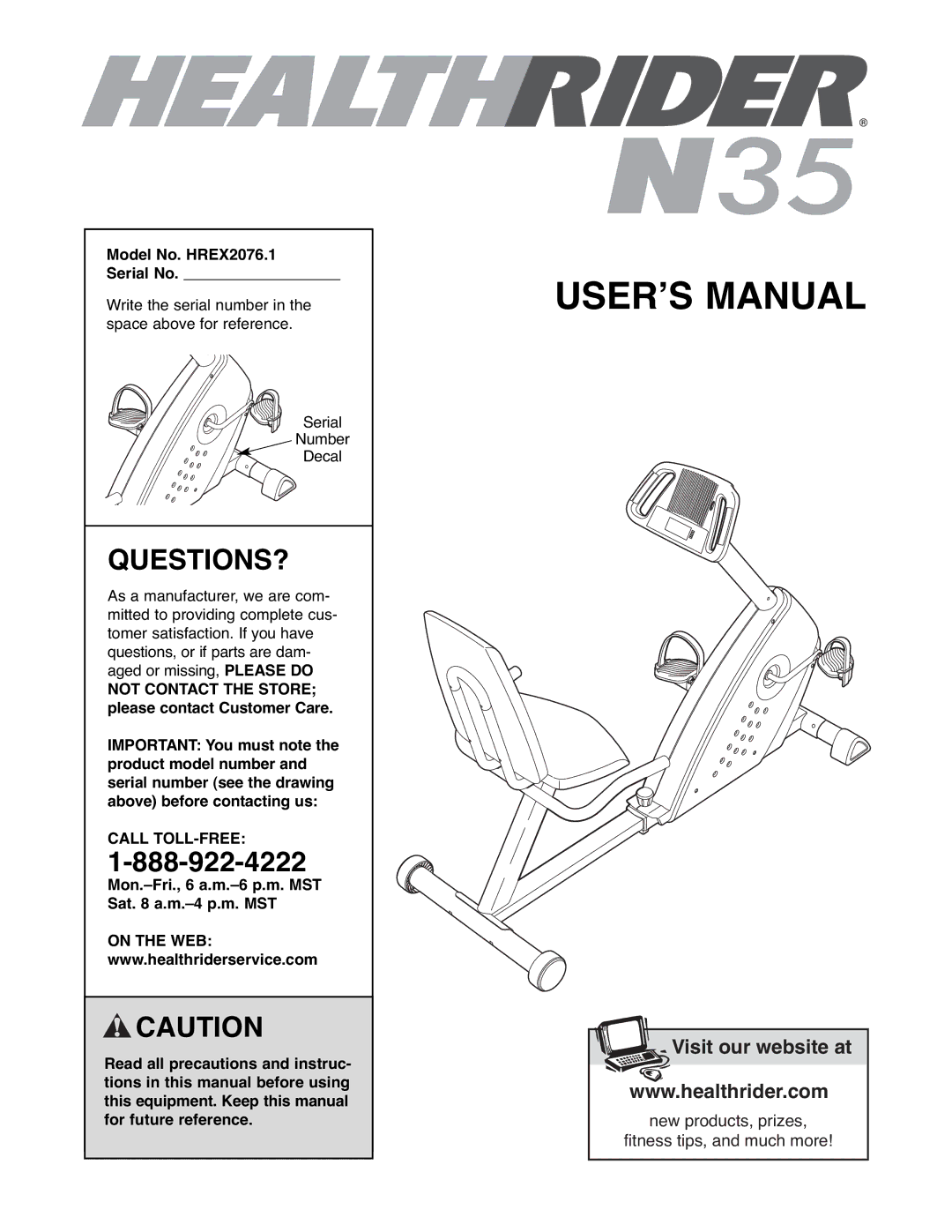 Healthrider manual Questions?, Model No. HREX2076.1 Serial No, Call TOLL-FREE 