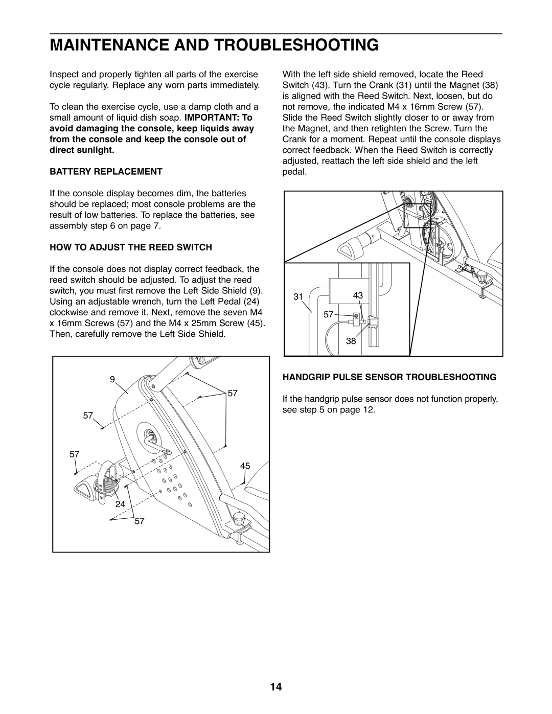 Healthrider HREX2076.1 manual Maintenance and Troubleshooting, Battery Replacement, HOW to Adjust the Reed Switch 