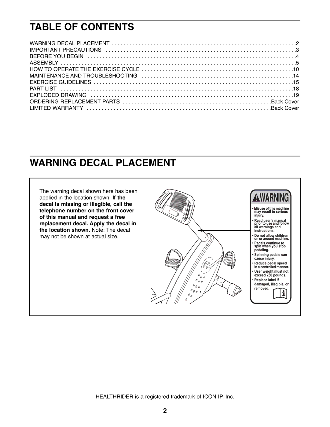 Healthrider HREX2076.1 manual Table of Contents 