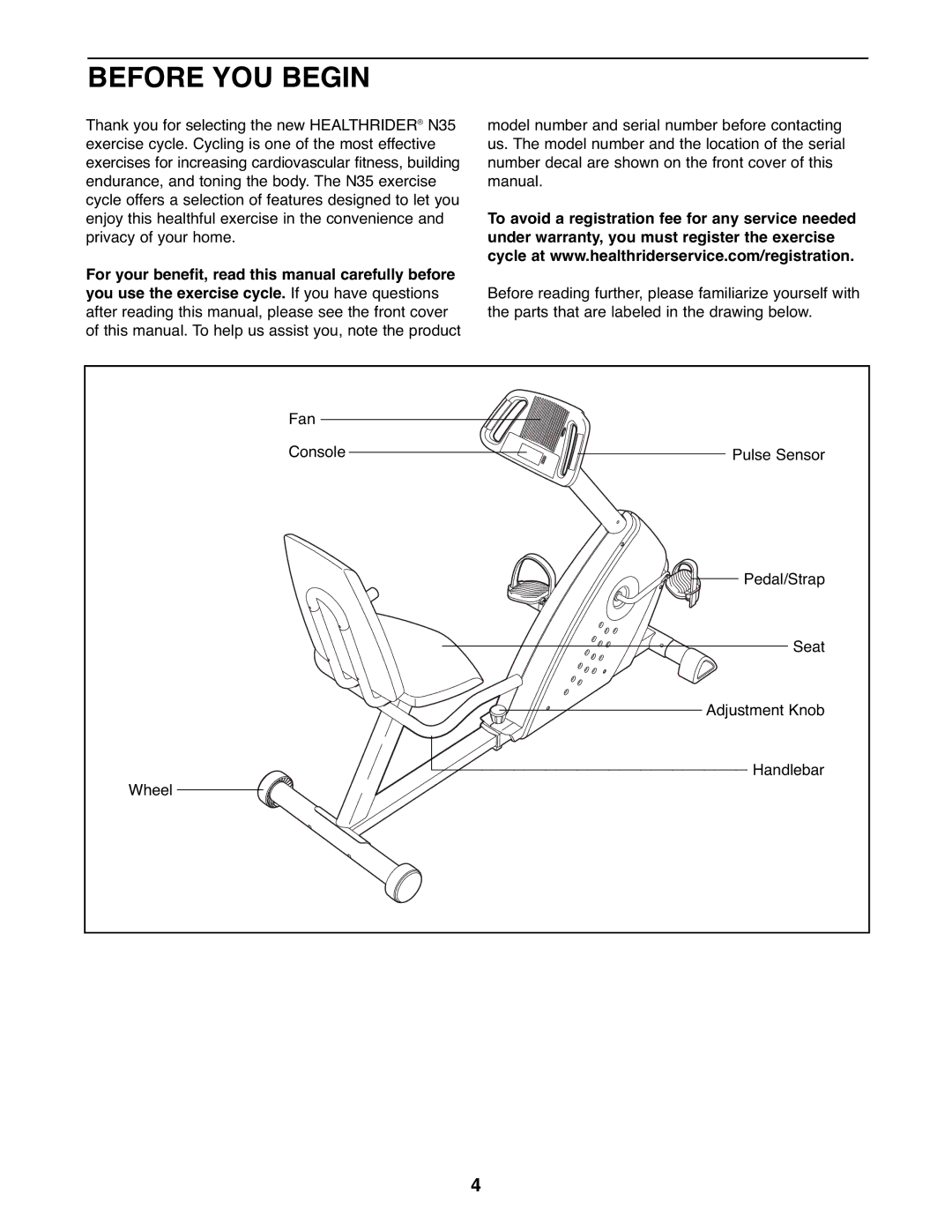 Healthrider HREX2076.1 manual Before YOU Begin 