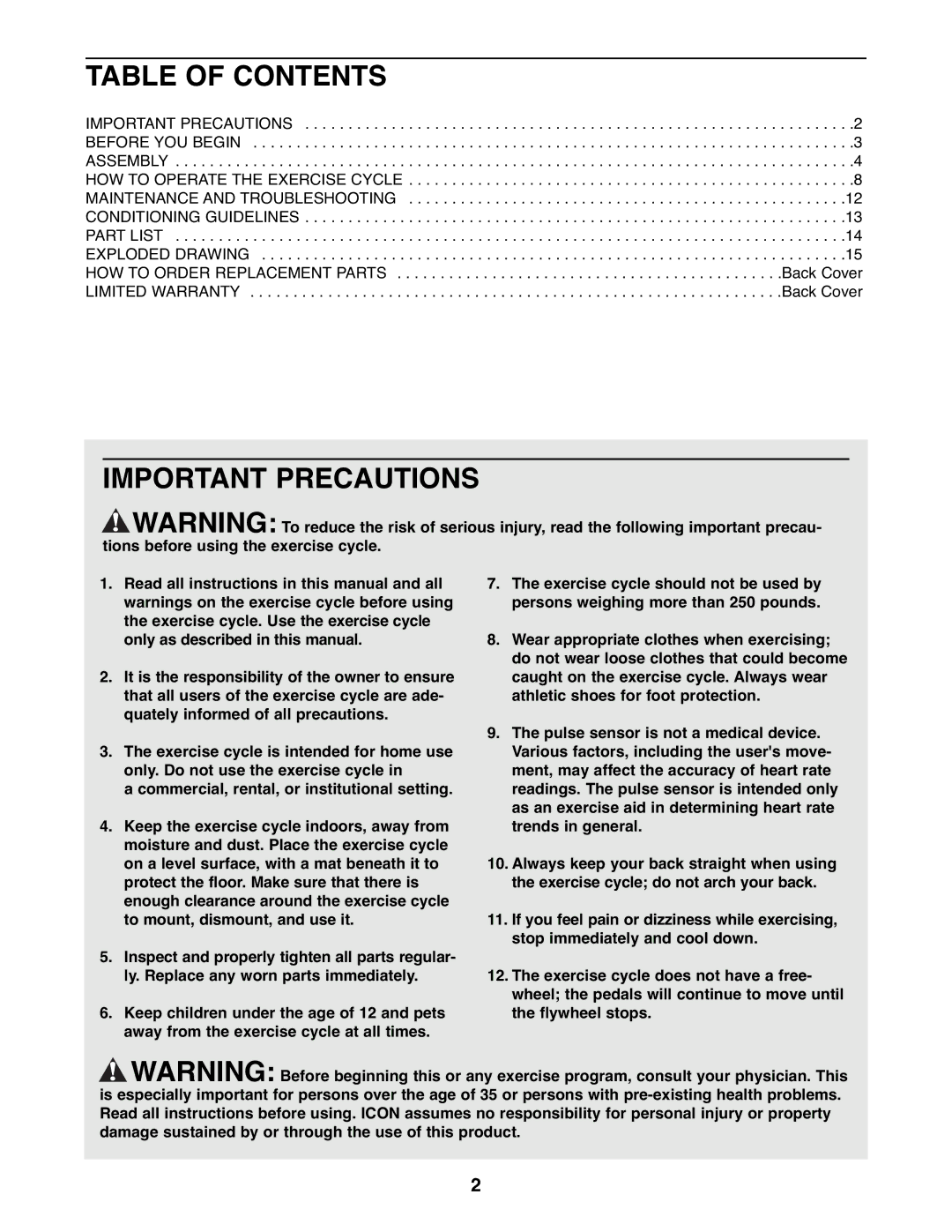 Healthrider HREX2076.99 manual Table of Contents, Important Precautions 