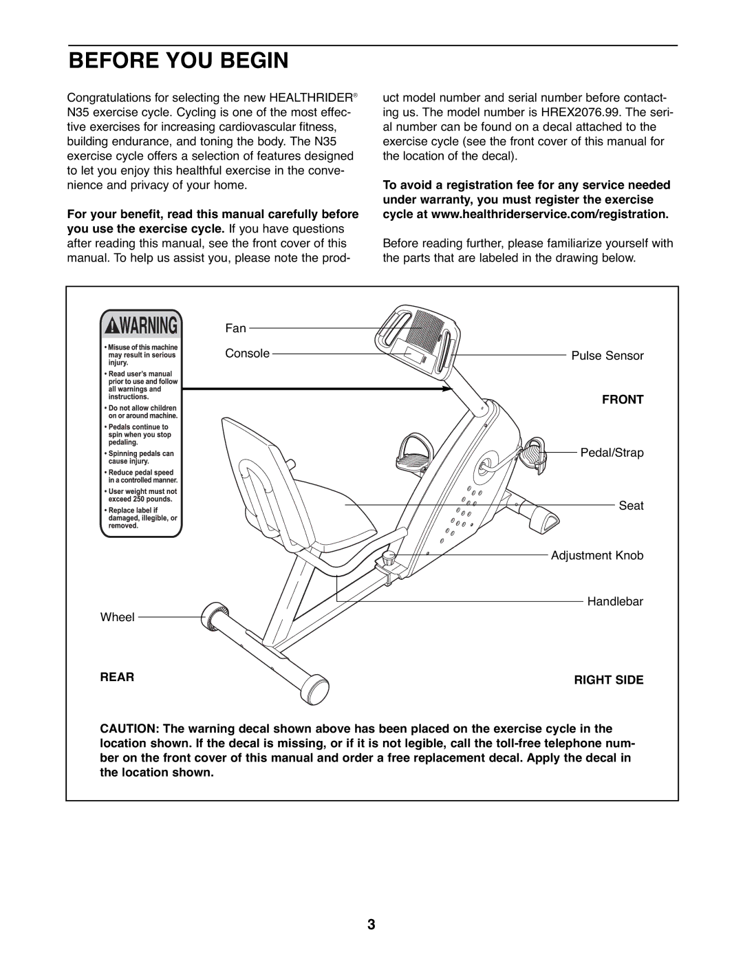 Healthrider HREX2076.99 manual Before YOU Begin, Front, Rear Right Side 