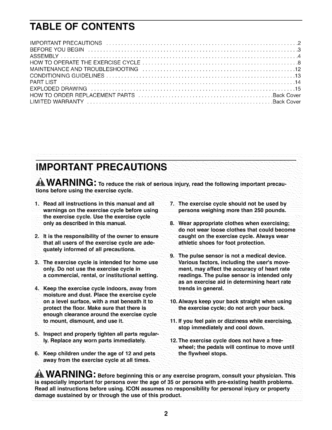 Healthrider HREX2076.99 manual Table of Contents, Important Precautions 