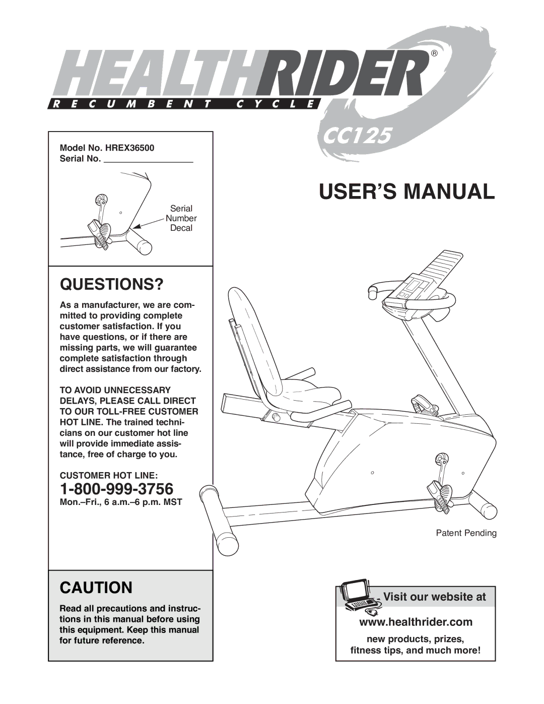 Healthrider manual Questions?, Model No. HREX36500 Serial No, Customer HOT Line 