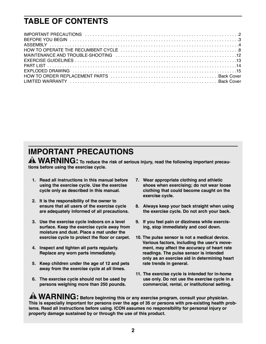 Healthrider HREX36500 manual Table of Contents, Important Precautions 