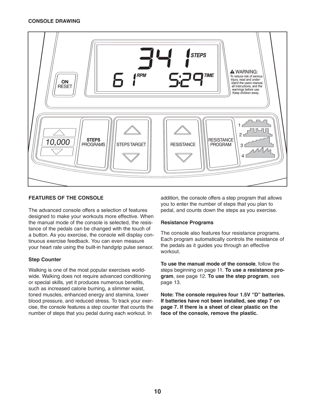 Healthrider HRMSEL2105.0 manual Console Drawing Features of the Console, Step Counter, Resistance Programs 